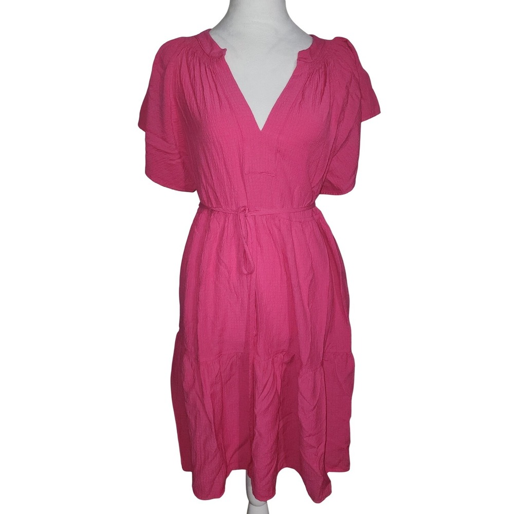 Calvin Klein Hibiscus Pink Midi Dress Tiered V Neck Short Sleeve Casual Size 14